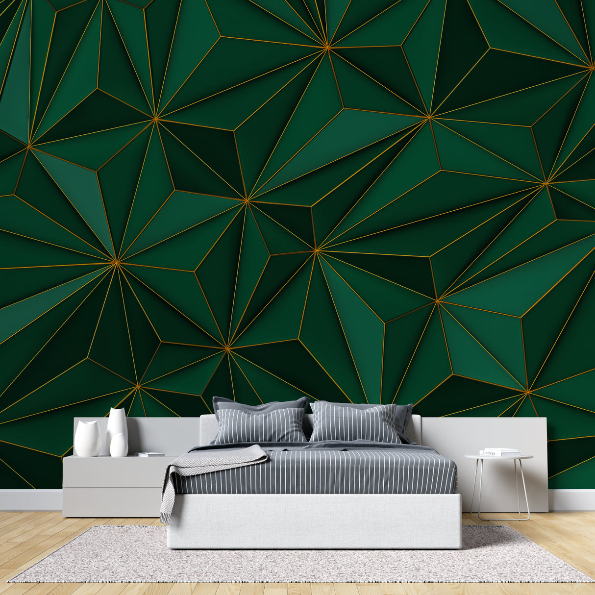 Geometric pattern wallpaper adding luxury to a master bedroom feature wall