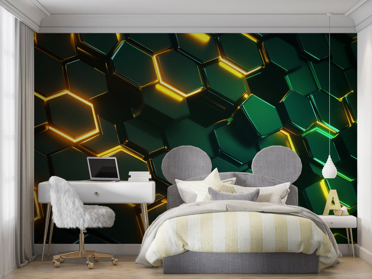 Modern office with 3D geometric wallpaper featuring glowing green hexagons creating depth and dimension