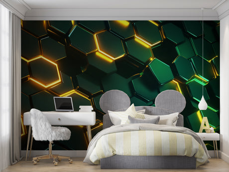 Modern office with 3D geometric wallpaper featuring glowing green hexagons creating depth and dimension