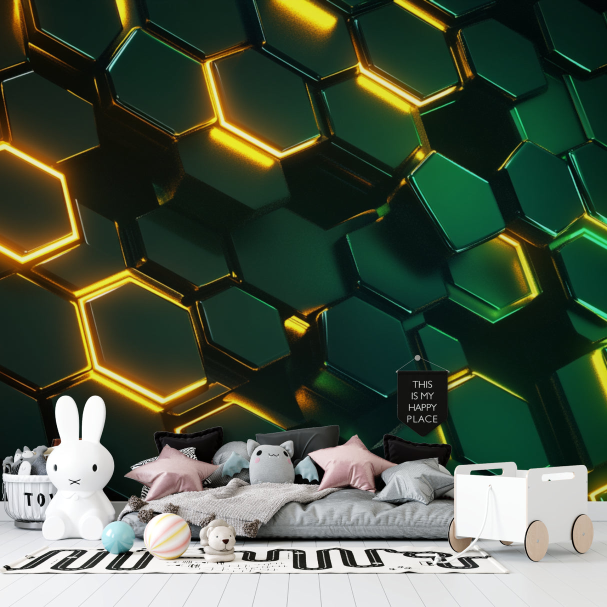 Gaming room showcasing neon geometric wallpaper with floating 3D hexagon design