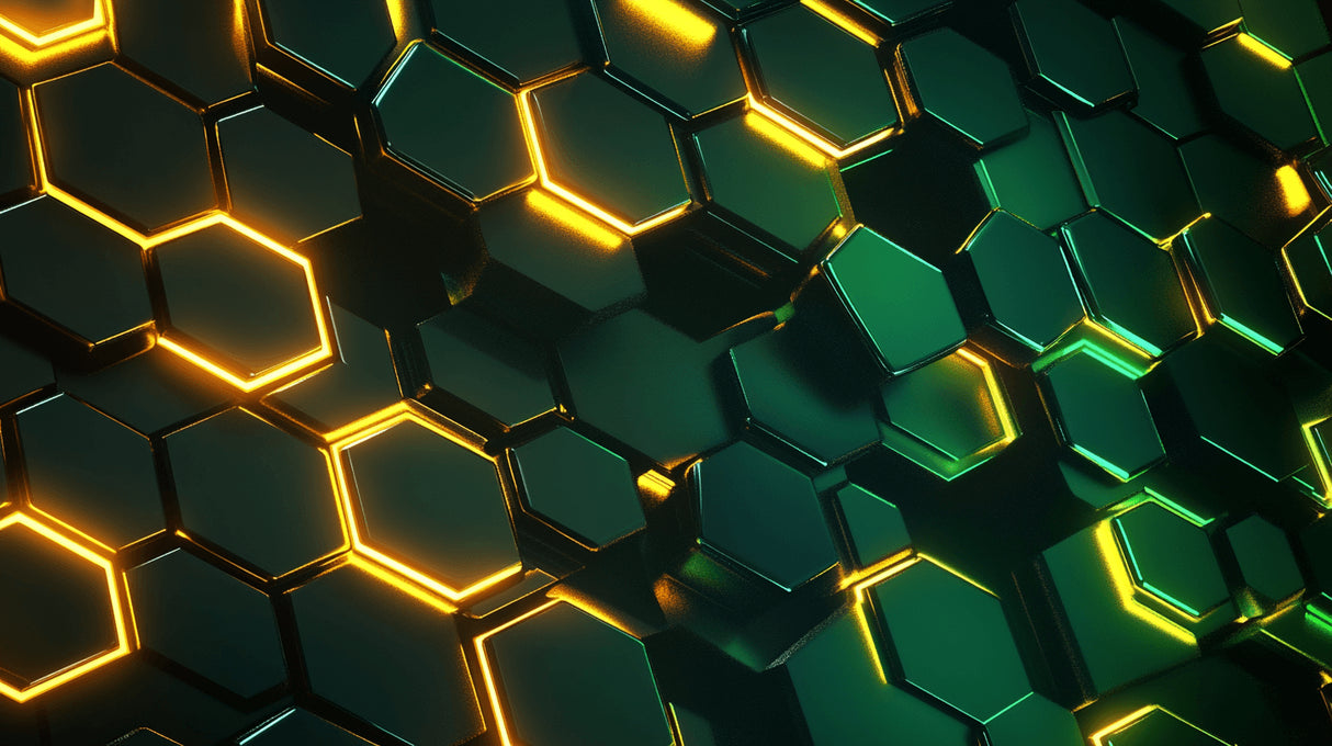 Green neon hexagon geometric pattern design file showing intricate 3D details