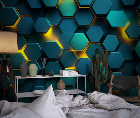 Modern living room with 3D geometric hexagon wallpaper in blue and gold, creating depth and sophistication