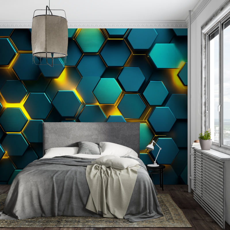 Home office featuring geometric hexagon wallpaper with striking blue and gold pattern