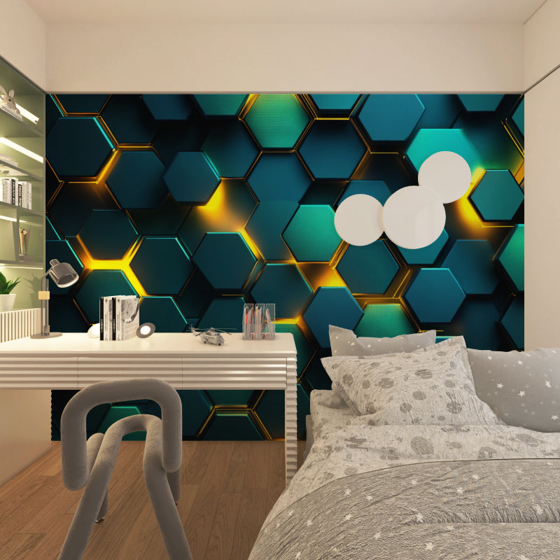 Dining room wall with 3D hexagonal pattern wallpaper showing golden light effects