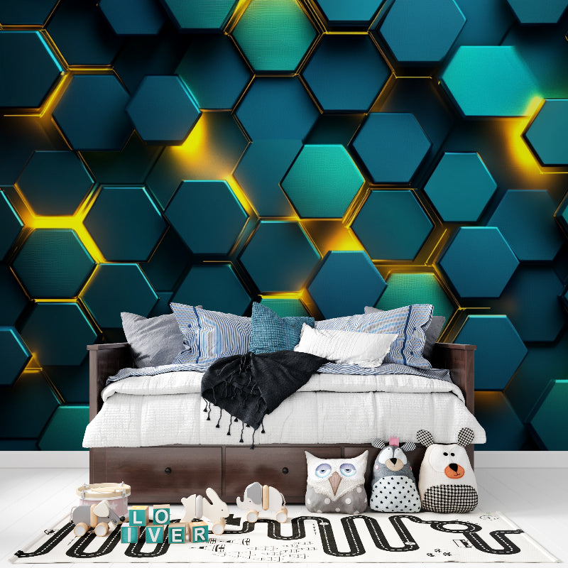 Bedroom accent wall with blue and gold geometric wallpaper creating modern ambiance
