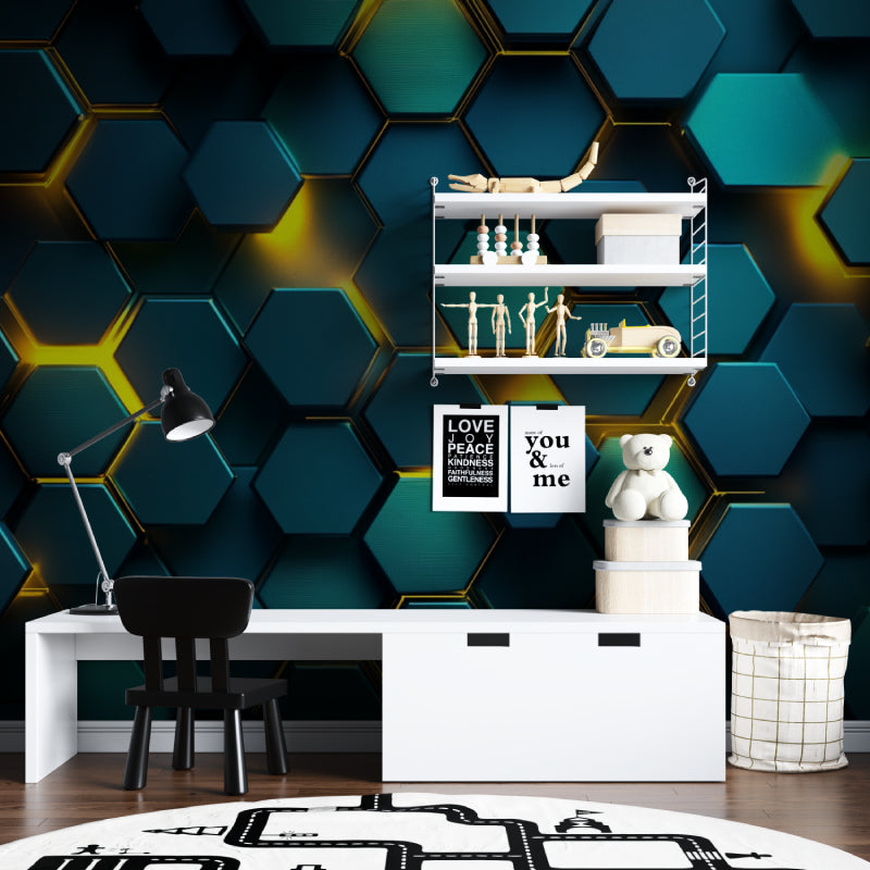 Hotel lobby showcasing 3D hexagon wall mural in sophisticated blue and gold tones