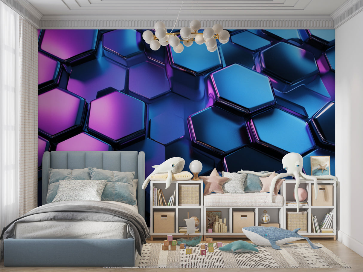 Modern living room featuring 3D geometric hexagon wallpaper in blue and purple, creating depth against minimal furniture