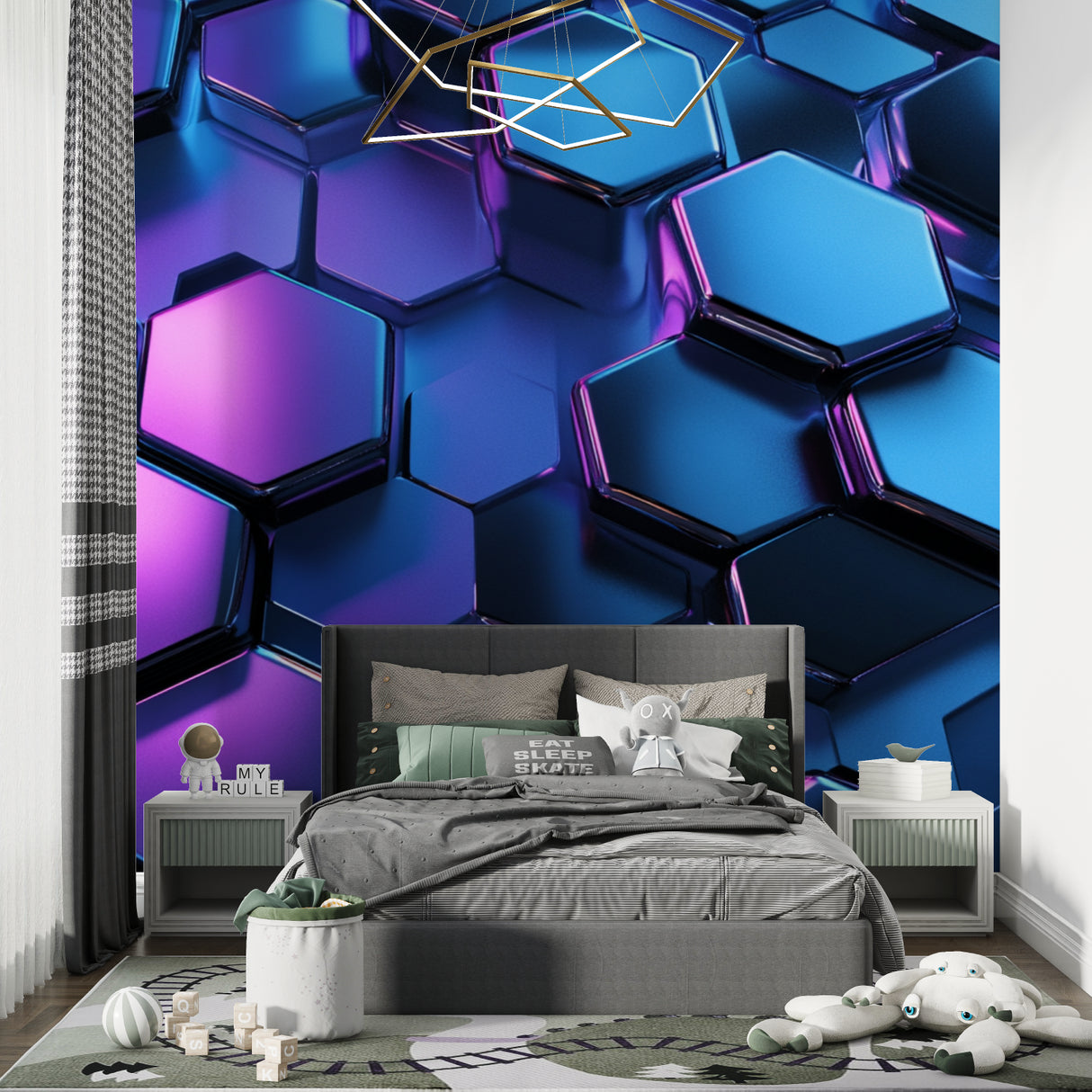 Gaming room with purple and blue 3D hexagon wallpaper making a bold statement wall