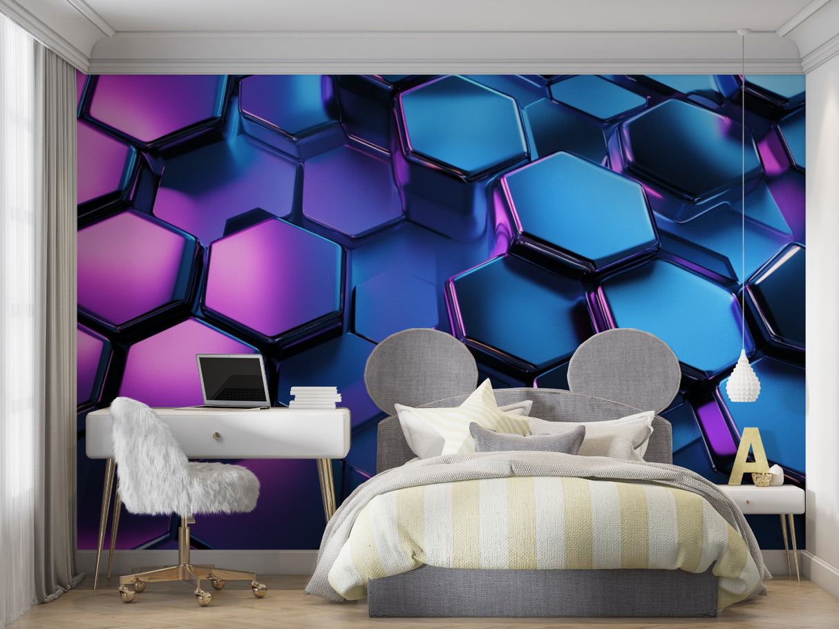 Contemporary office space with geometric hexagon wallpaper showing blue-purple gradient effects