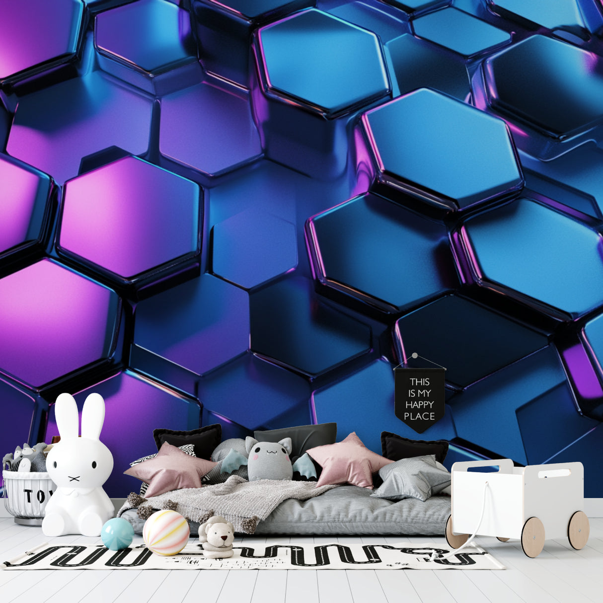 Teen bedroom transformed with 3D geometric wallpaper in metallic blue and purple tones
