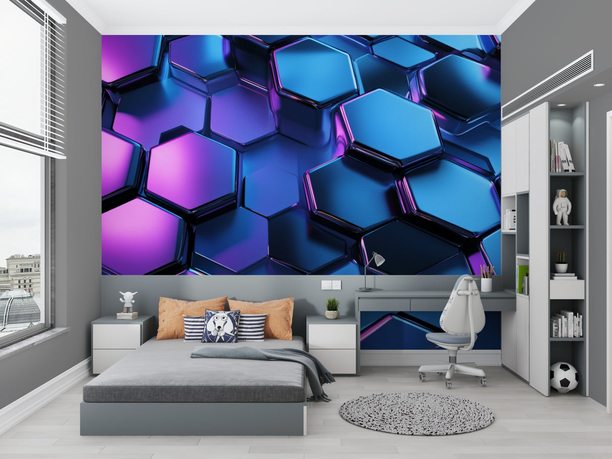 Modern hallway featuring hexagonal pattern wallpaper with dramatic lighting effects