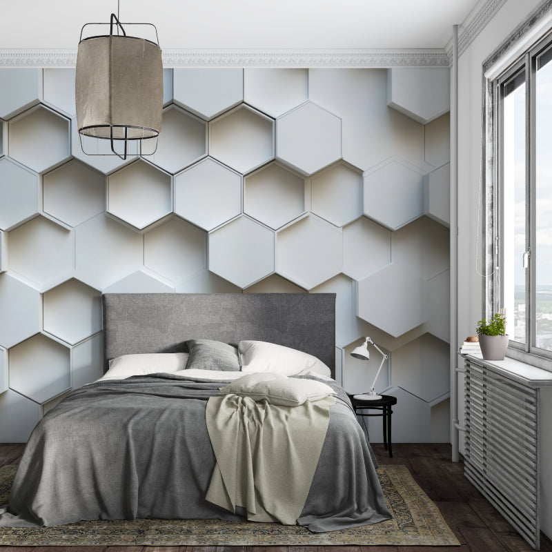 Modern living room featuring 3D Hexagon Wallpaper creating depth and texture on accent wall