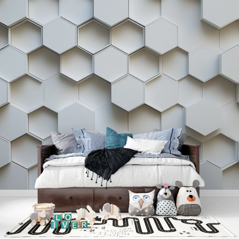 Home office with white geometric hexagon wallpaper showing 3D effect in natural light