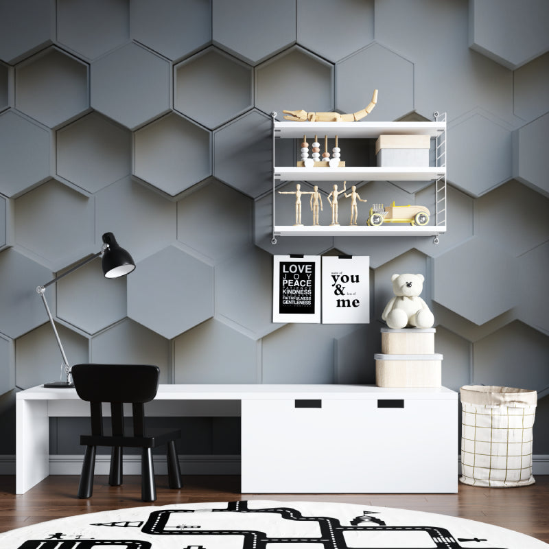 Dining room showcase of 3D hexagonal pattern wallpaper with modern furniture