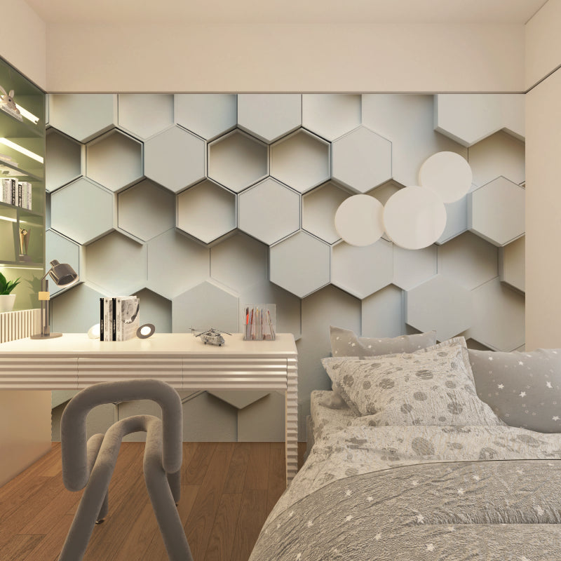 Hallway featuring clean white hexagon 3D wallpaper pattern in evening light