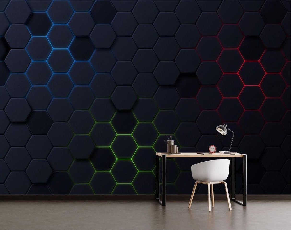 Geometric wallpaper creating depth in modern living room space