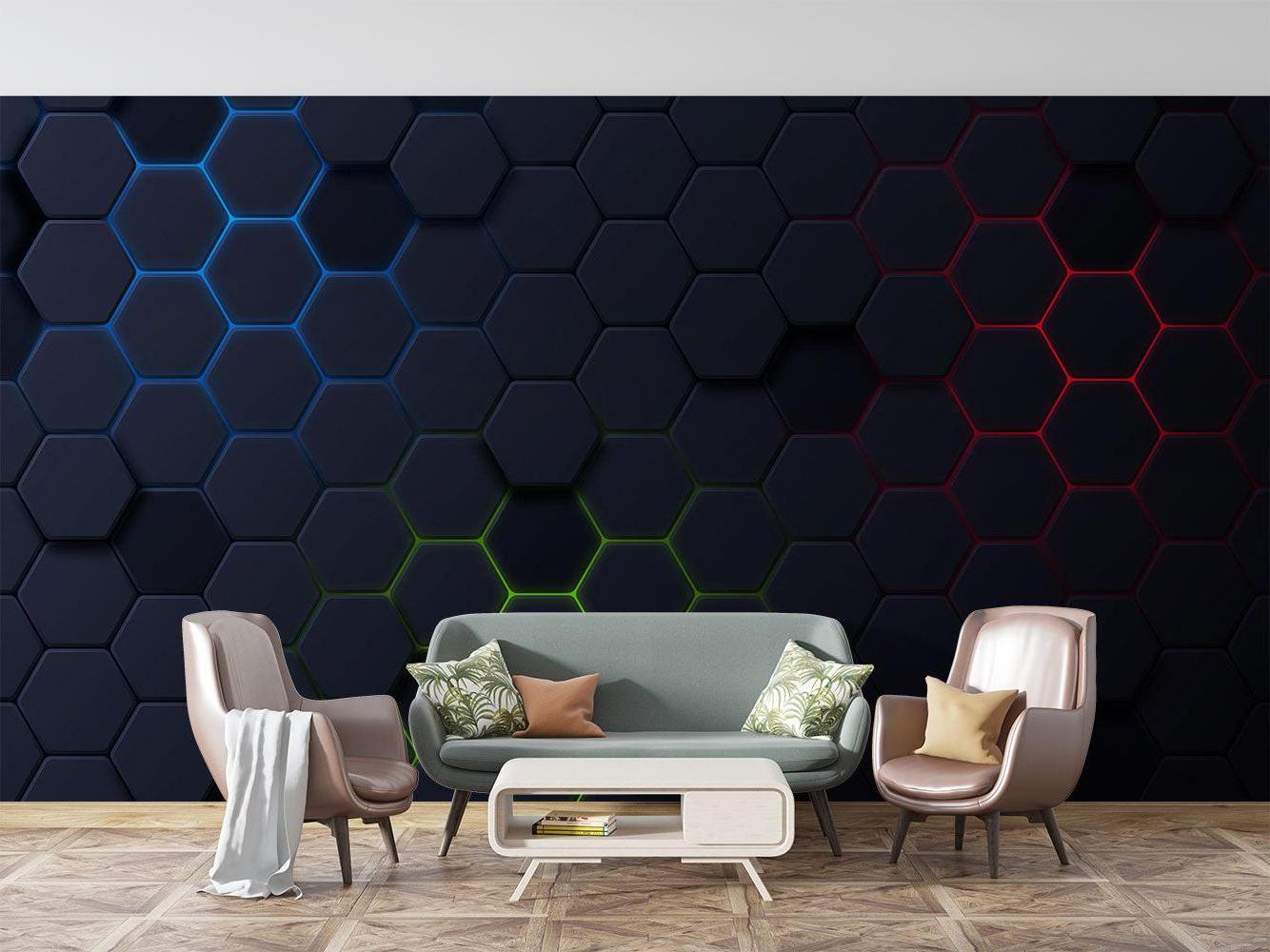 RGB hexagon pattern in entertainment room with gaming setup