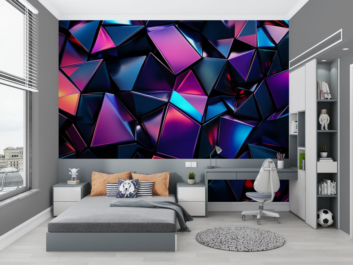 Modern geometric wallpaper with neon accents in a stylish gaming room setup