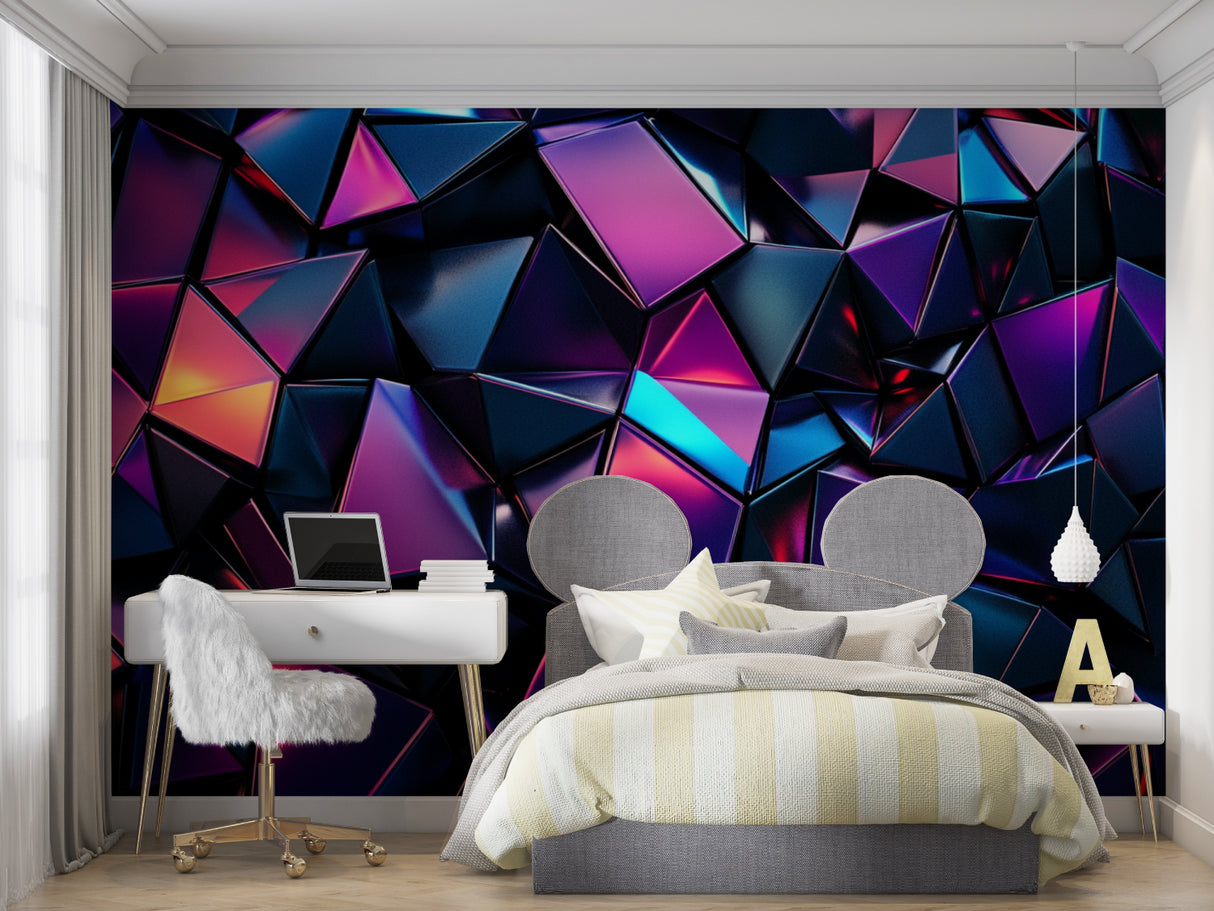3D geometric pattern wallpaper creating depth in a teen bedroom