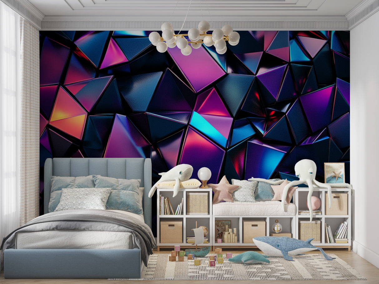Geometric wall mural adding energy to modern living room