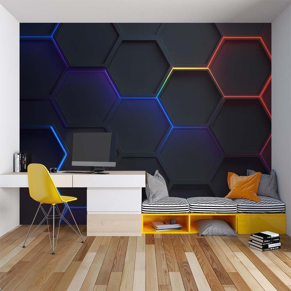 Teen bedroom with modern geometric wallpaper displaying glowing neon hexagons in purple and blue