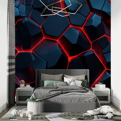 3D geometric wallpaper with neon hexagons creating a stunning gaming room atmosphere