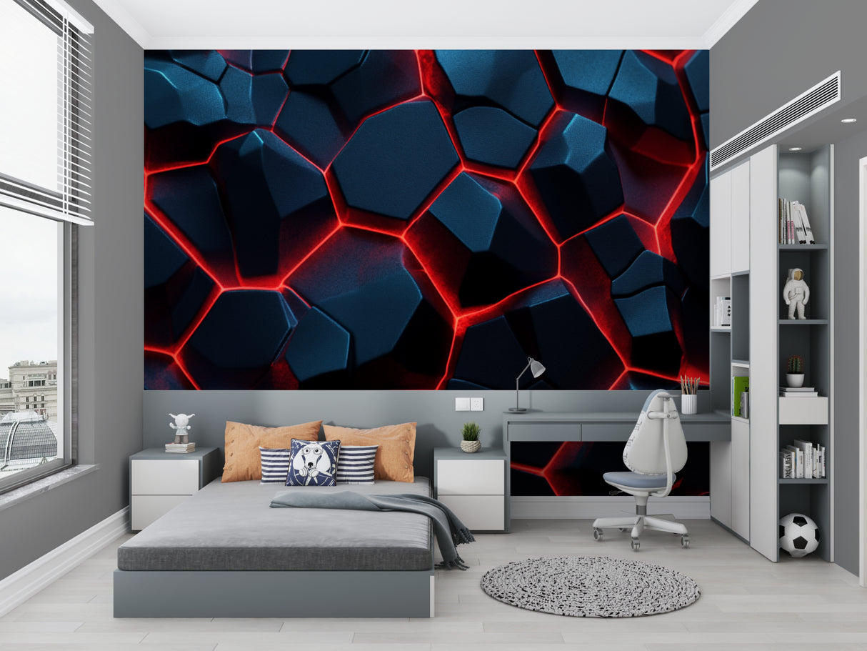 Modern office space featuring 3D neon hexagon wallpaper in blue and red