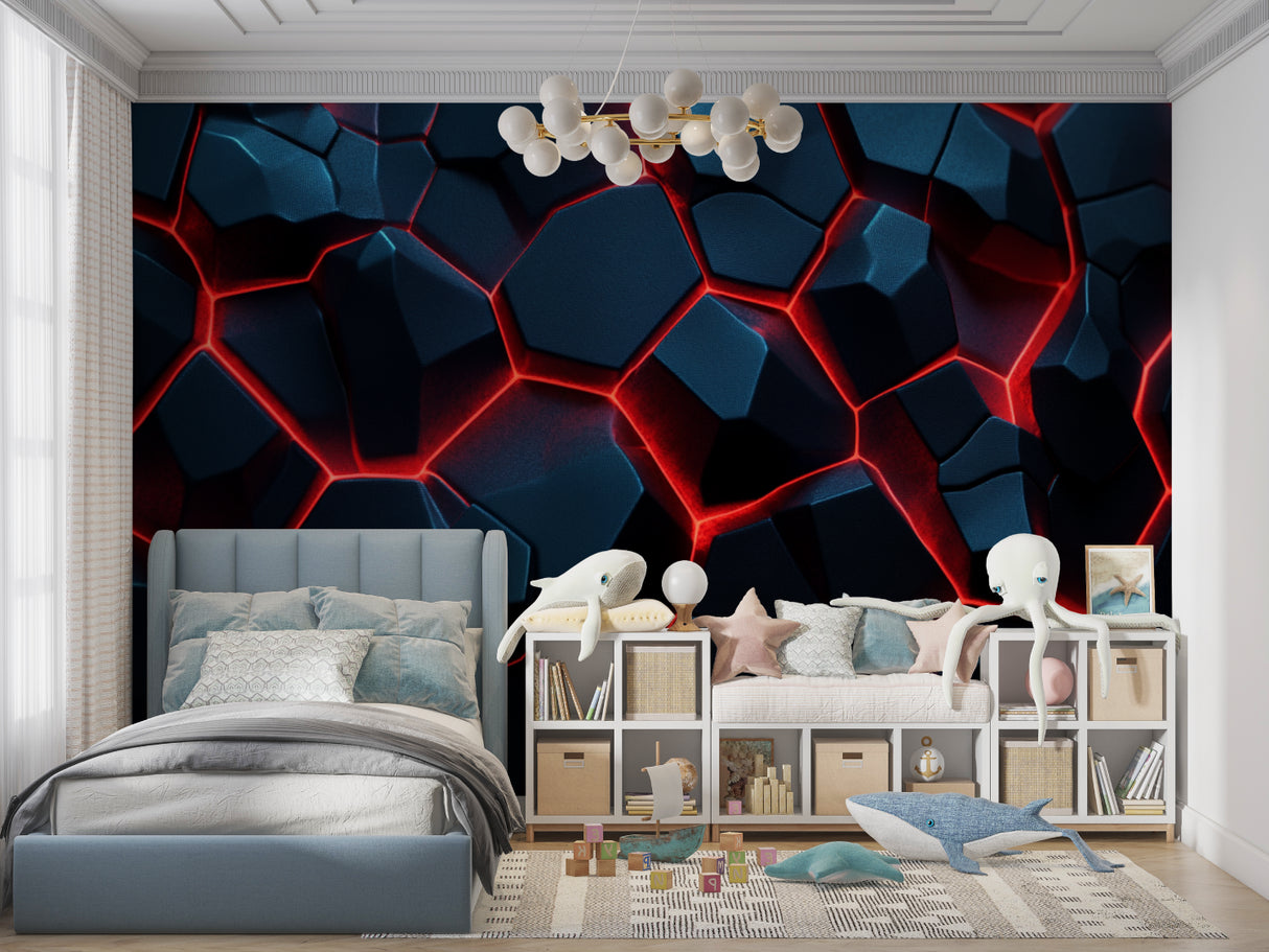 Teen bedroom with geometric 3D wallpaper glowing in blue and red neon