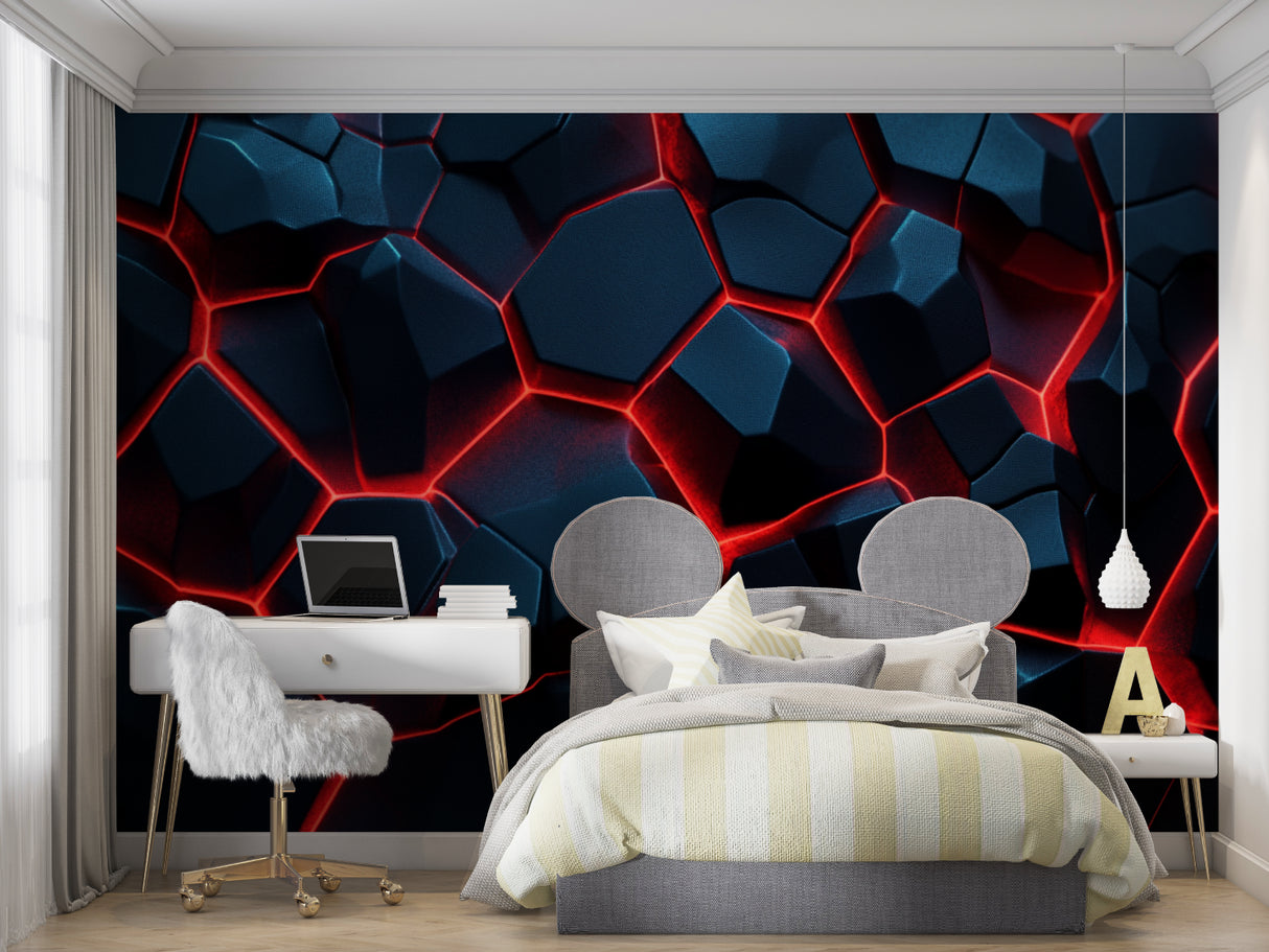 Gaming setup with 3D hexagon wallpaper creating an immersive environment