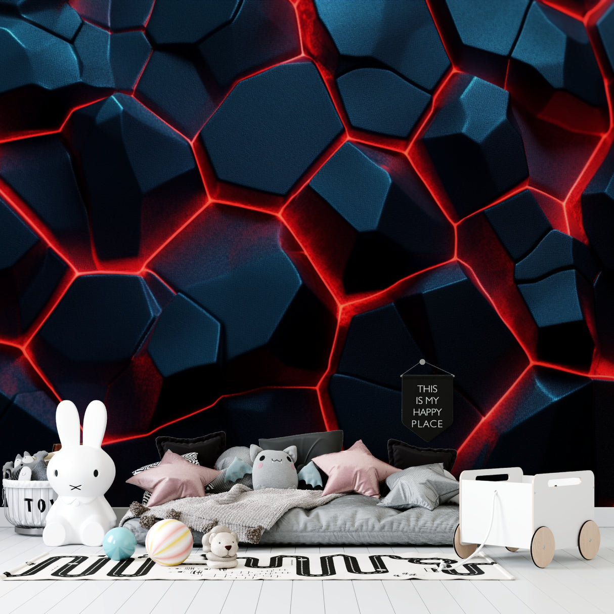 Media room showcasing geometric neon wallpaper with striking depth effect