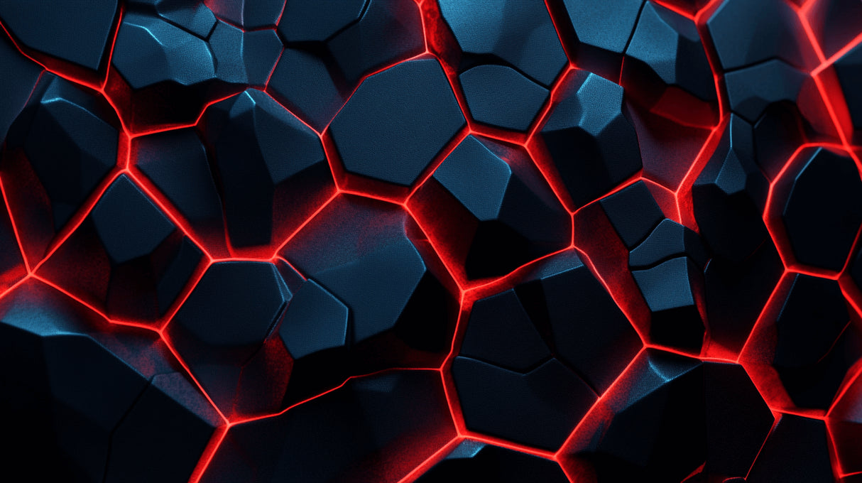 Design file of 3D geometric pattern with glowing neon hexagons in blue and red