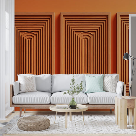 Modern geometric 3D arch wallpaper creating depth in a minimalist living room with natural light