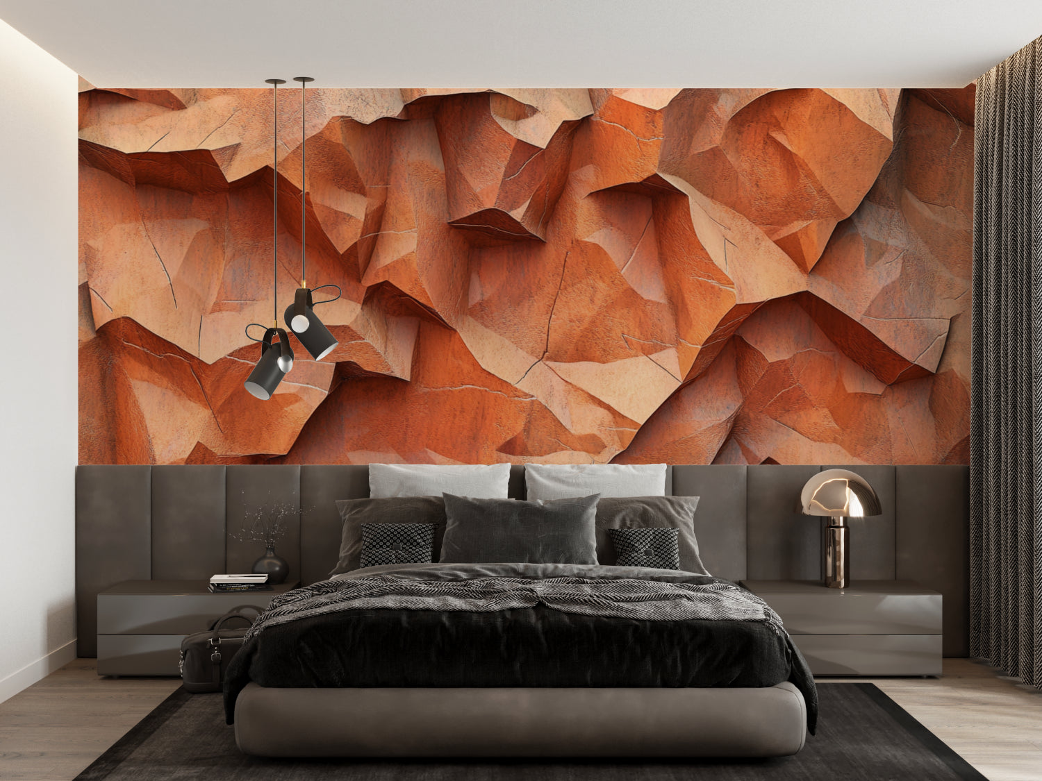 Geometric terracotta wallpaper in an entryway showing 3D depth effect
