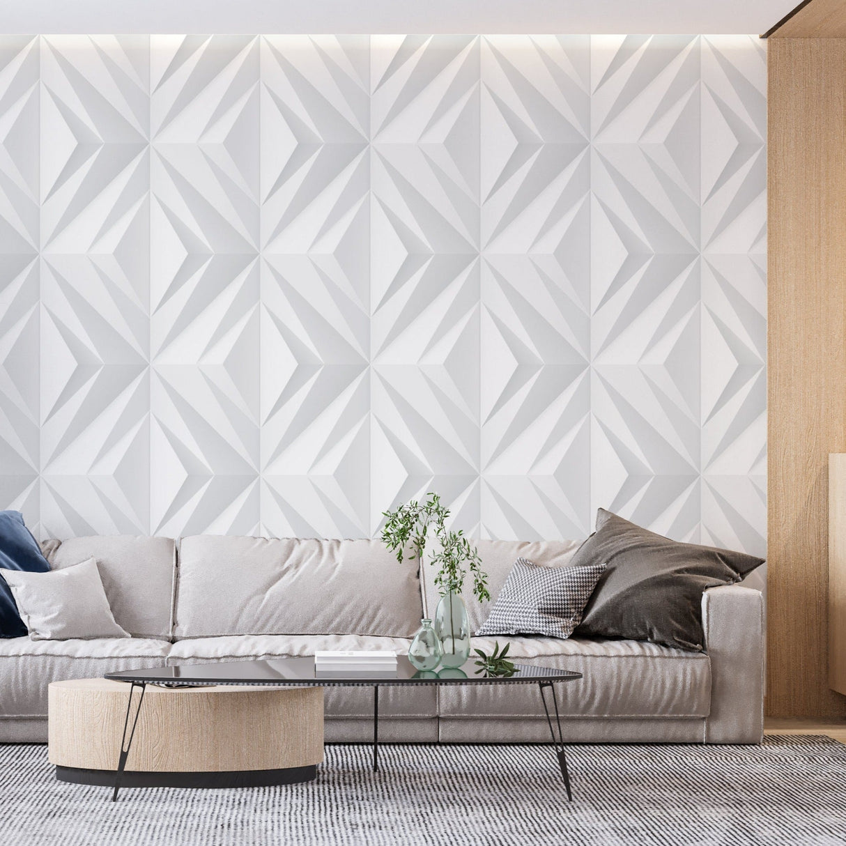 White geometric wall mural in a contemporary dining room showing the pattern's dimensional effect