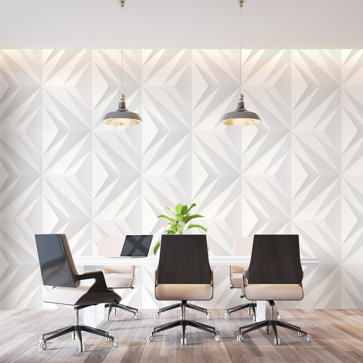 Geometric pattern wallpaper installation in a hallway showing the seamless repeat