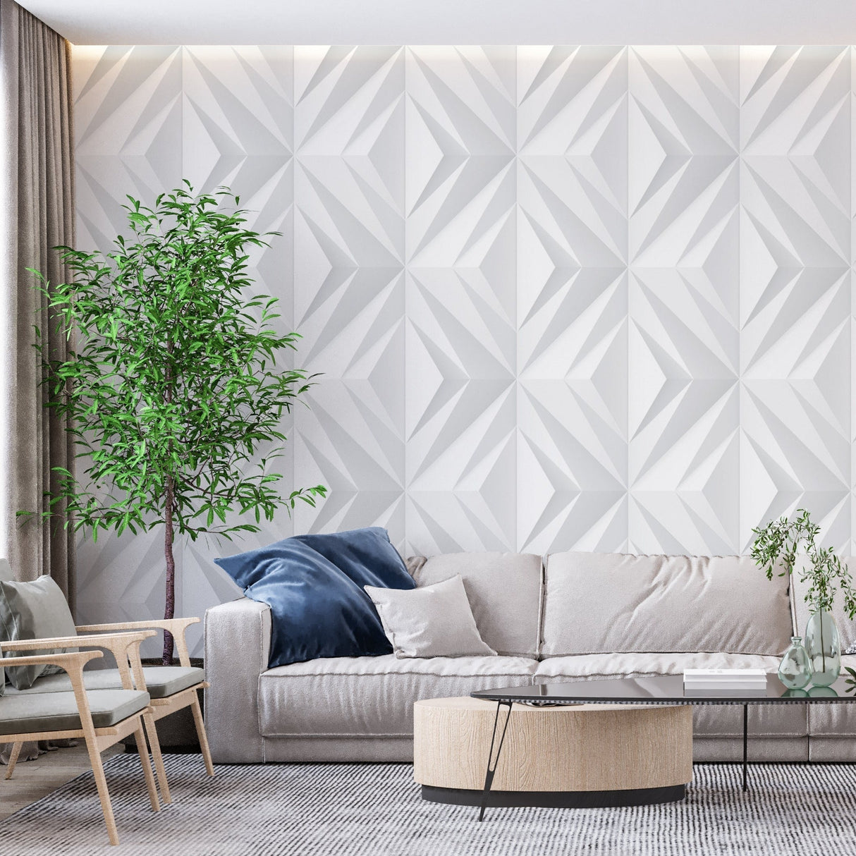 Close-up of white 3D geometric wallpaper showing light and shadow play on the diamond pattern