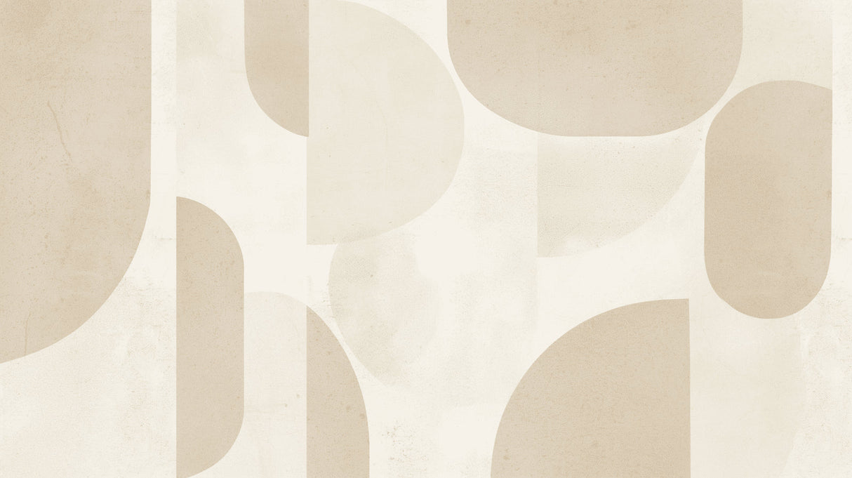 Geometric circle wallpaper in modern living room showing flowing beige curves against white wall