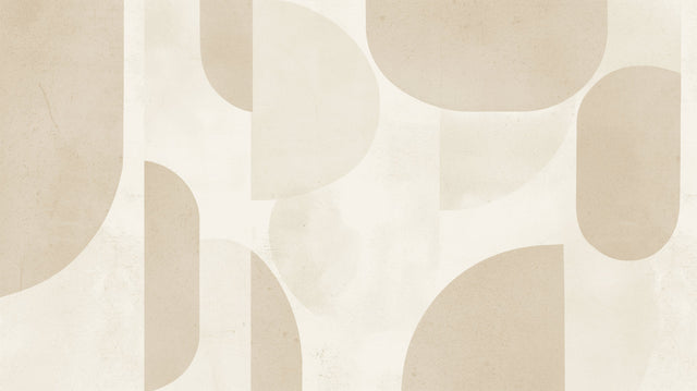 Geometric circle wallpaper in modern living room showing flowing beige curves against white wall
