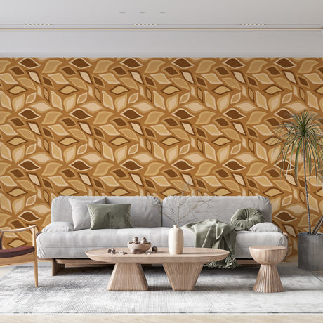 Geometric leaf wallpaper in modern living room, showcasing beige abstract pattern against white furniture