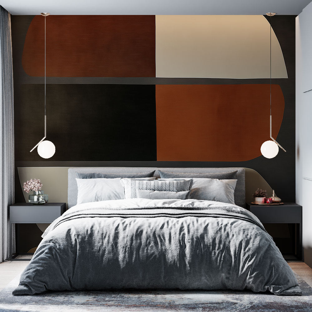 Geometric wall mural with terracotta and beige shapes creating a modern statement wall in a minimalist living room