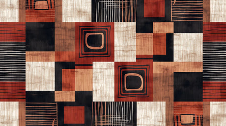 Modern geometric wallpaper with terracotta and black shapes creating depth in a minimalist living room setting