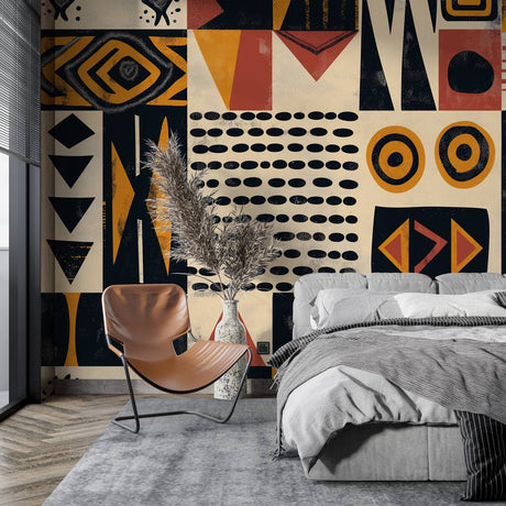 Geometric tribal wallpaper with terracotta and gold patterns creating a modern statement wall in a bright living room