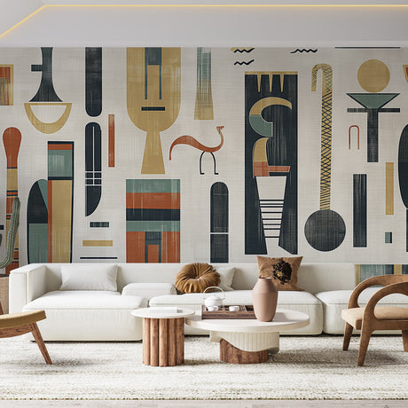 Modern Art Deco geometric wallpaper creating a stunning focal point in a minimalist living room with green and terracotta accents