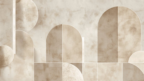 Geometric art deco arch wallpaper in modern living room showing clean lines and soft beige tones