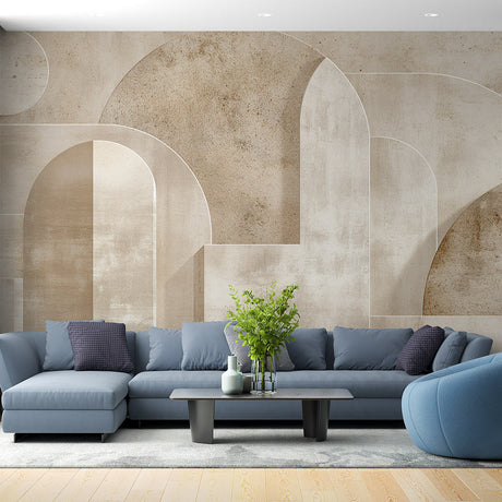 Geometric arch wallpaper creating depth in a modern living room with beige accents and natural light