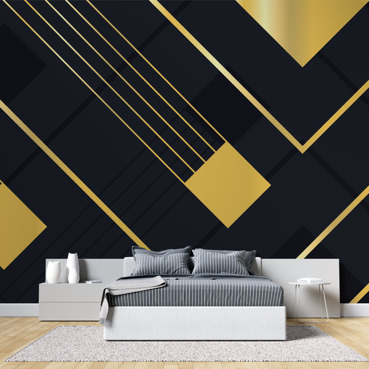 Art deco geometric wallpaper creating drama in luxury dining room setting