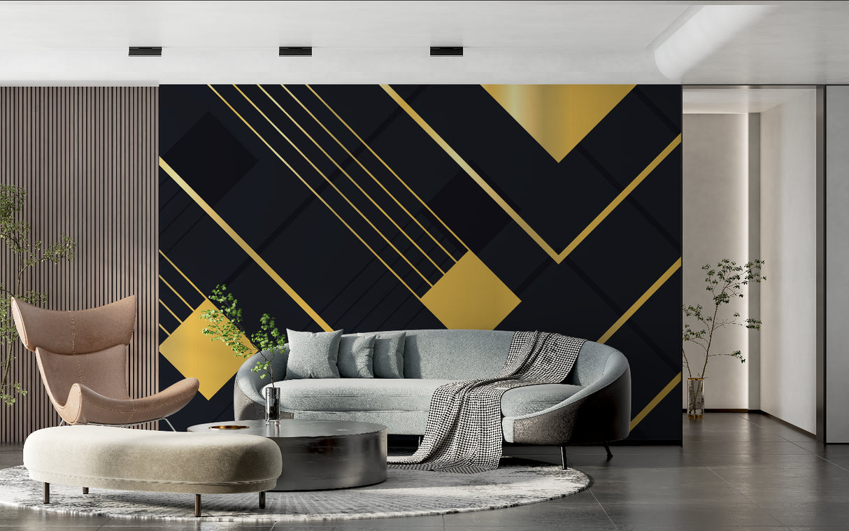 Modern geometric wallpaper showcased in home office with minimal furniture