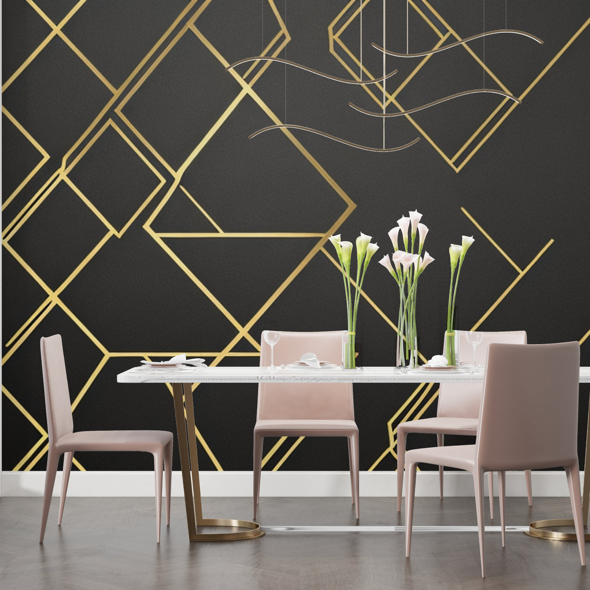 Black and gold geometric wallpaper in dining room with elegant lighting