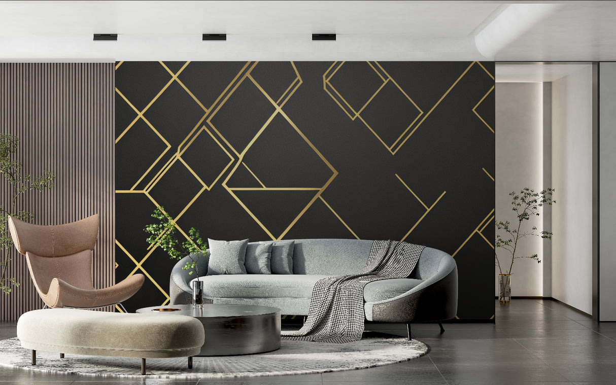 Geometric pattern wallpaper mock-up in home office with modern furniture