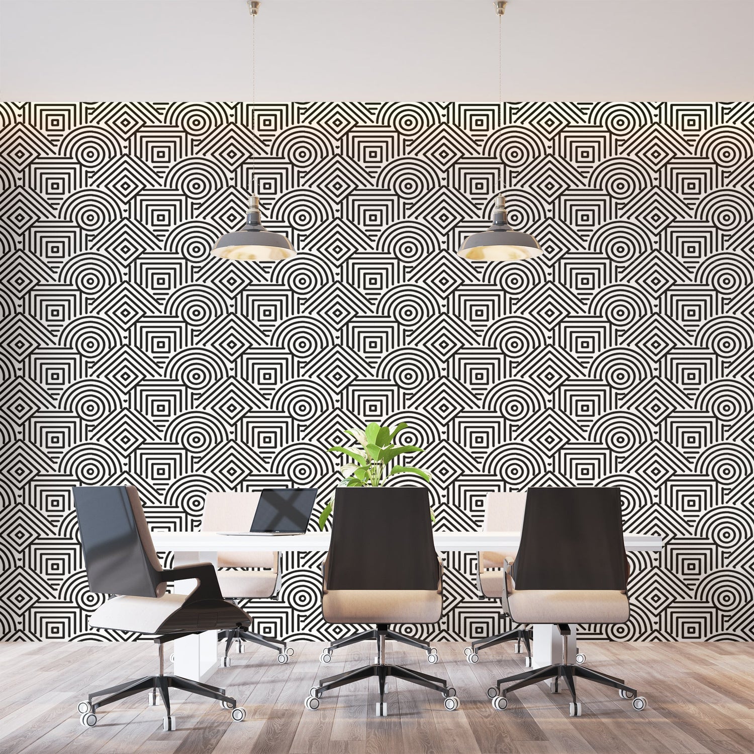 Modern geometric wallpaper in sleek living room showing black and white Art Deco pattern creating depth